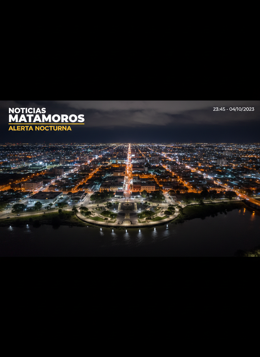 Una vista fotográfica aérea y nocturna del malecón de Matamoros, Tamaulipas, con el río Bravo serpenteando en primer plano y la ciudad extendiéndose hacia el horizonte. Las luces blancas y ámbar de las avenidas principales dibujan líneas brillantes entre edificios bajos, plazas y zonas residenciales. El cielo está oscuro, con nubes pesadas apenas visibles, mientras una iluminación urbana difusa crea reflejos sobre el agua. El ambiente es serio y ligeramente sombrío, transmitiendo vigilancia y actualidad. Composición panorámica en formato horizontal, con nitidez en toda la escena y detalle urbano realista, estilo fotográfico documental, como portada de un sitio de noticias locales.
