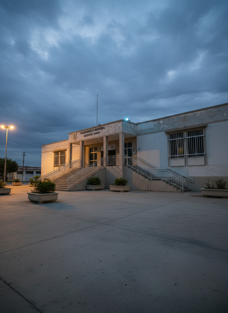 Fachada de la Presidencia Municipal de Matamoros, Tamaulipas, fotografiada al atardecer desde un ángulo ligeramente bajo. El edificio de estilo institucional luce paredes claras ligeramente desgastadas, con escalinatas anchas y barandales metálicos, rodeado de jardineras con plantas discretas. La luz dorada del sol poniente se mezcla con la iluminación fría de faroles urbanos, proyectando sombras largas sobre el piso de concreto. El cielo muestra nubes densas con un tono gris azulado, aportando un aire serio y de expectativa informativa. Composición centrada, con enfoque nítido en la fachada y fondo suavemente desenfocado, en estilo realista periodístico, ideal para ilustrar notas de gobierno y administración pública local.