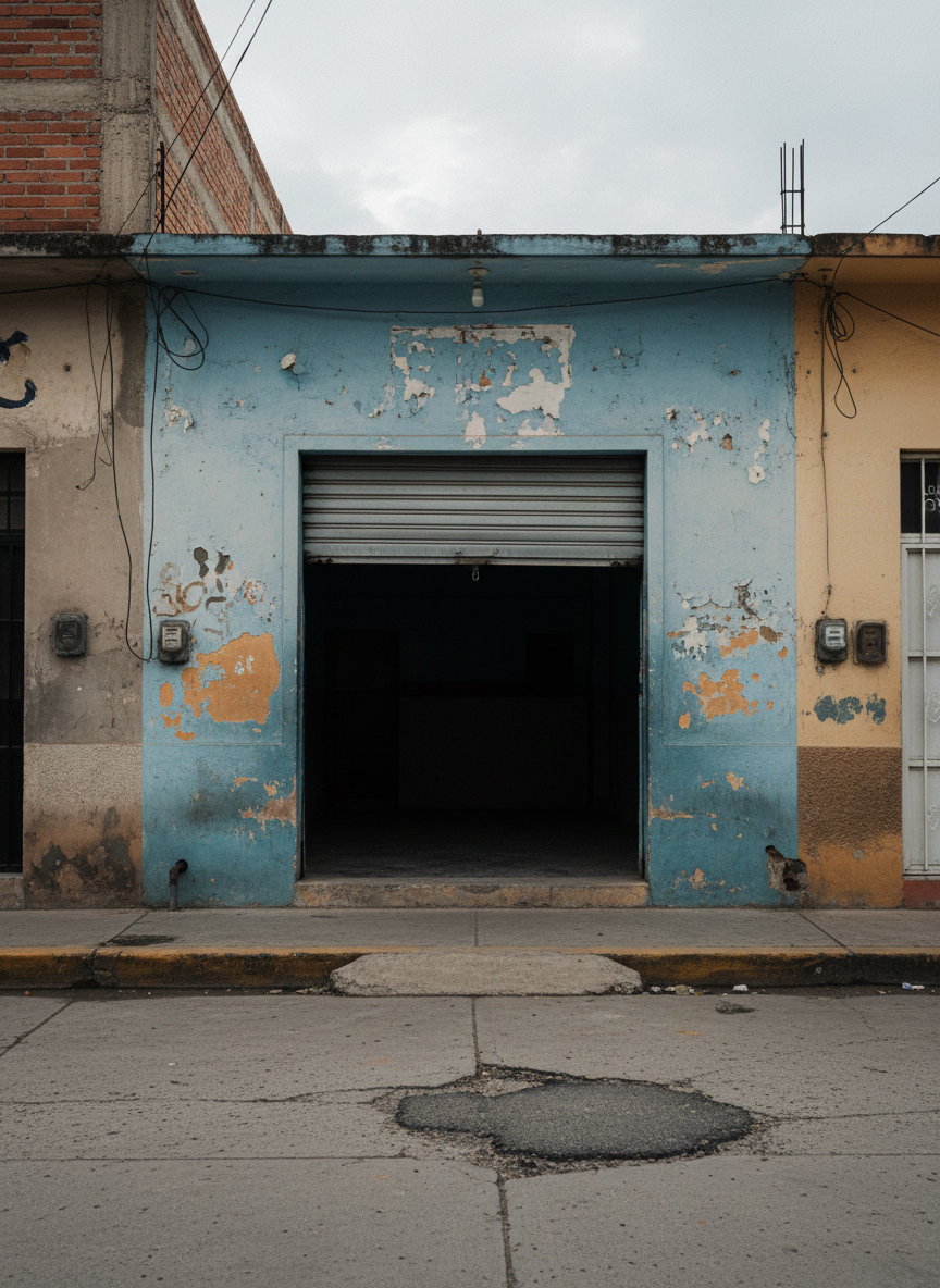Un primer plano fotográfico de la fachada de un pequeño comercio típico de colonia en Matamoros, Tamaulipas, con cortina metálica a medio abrir, muros pintados de colores deslavados y letreros sin texto claramente legible. El pavimento frente al local muestra grietas y parches recientes de reparación. La luz de una mañana nublada entra de forma lateral, creando un contraste suave entre interior oscuro y exterior ligeramente más claro. A los lados se distinguen fragmentos de otras fachadas modestas, dando contexto de barrio. La atmósfera es sobria y realista, ideal para ilustrar notas económicas y de comunidad. Composición a nivel de calle, con profundidad de campo media y estilo documental.
