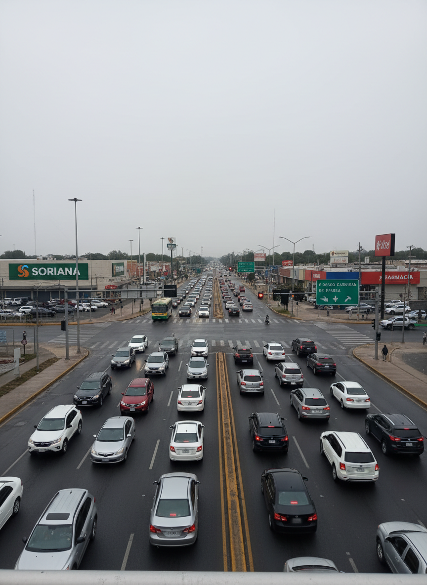 Una intersección vial muy transitada de Matamoros, Tamaulipas, capturada desde un puente peatonal a la hora pico, sin personas visibles. Se aprecian carriles marcados, semáforos, señalización urbana y una fila de vehículos diversos, todos desenfocados de forma sutil para evitar detalles de placas o marcas. La luz es de día nublado, con cielo gris uniforme que genera iluminación suave sin sombras duras, enfatizando el asfalto ligeramente húmedo y los edificios comerciales de fondo. El ambiente es tenso y dinámico, reflejando movimiento y tráfico cotidiano. Composición en regla de tercios, con líneas diagonales de la avenida guiando la mirada, estilo fotográfico realista para noticias de vialidad y movilidad urbana.